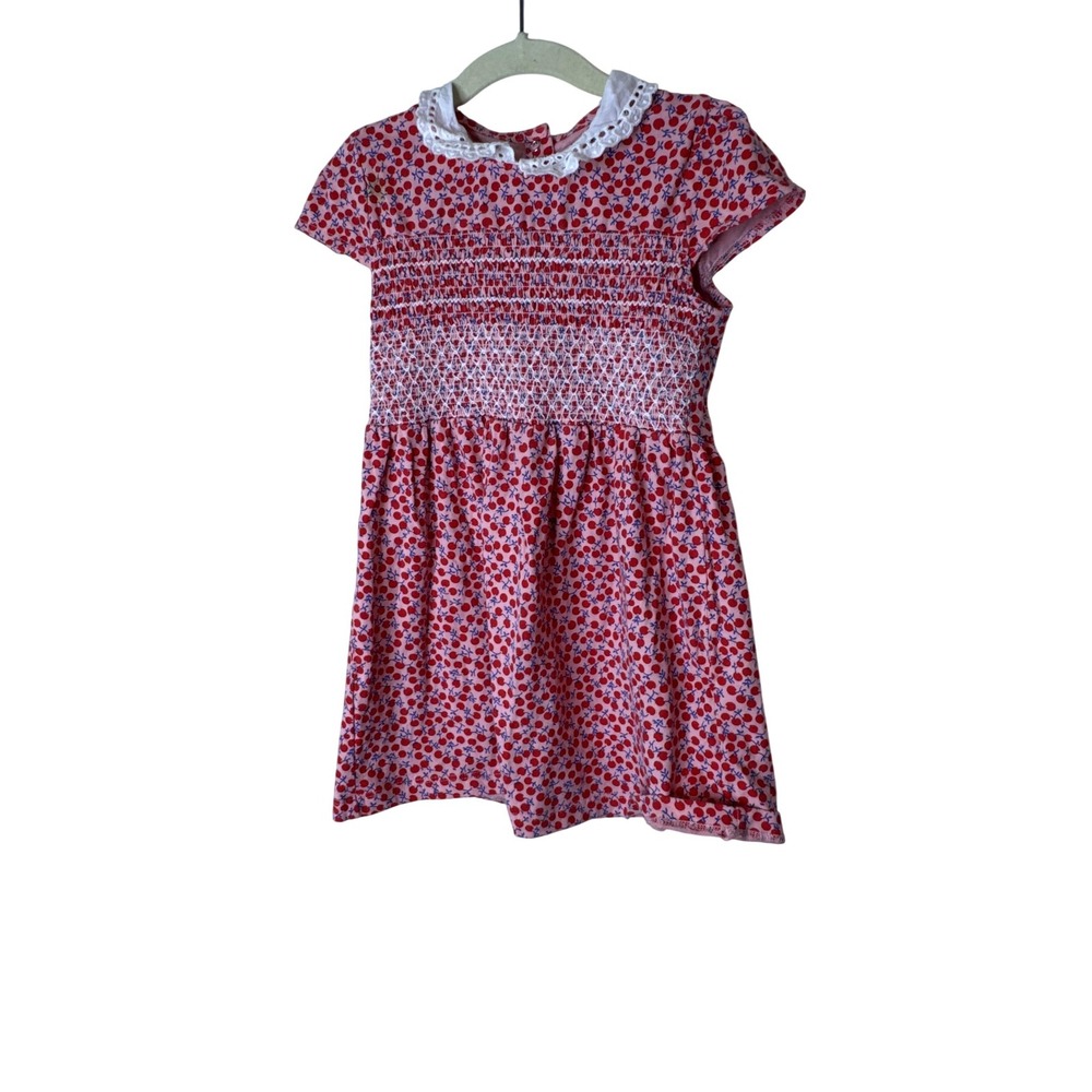 Cherry Print Dress Girls 4T Pink Polka Dot Short Sleeve Smocked Lace Collar